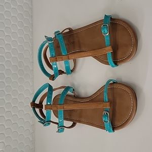 Aqua and brown strappy flat sandal,  size  6.5